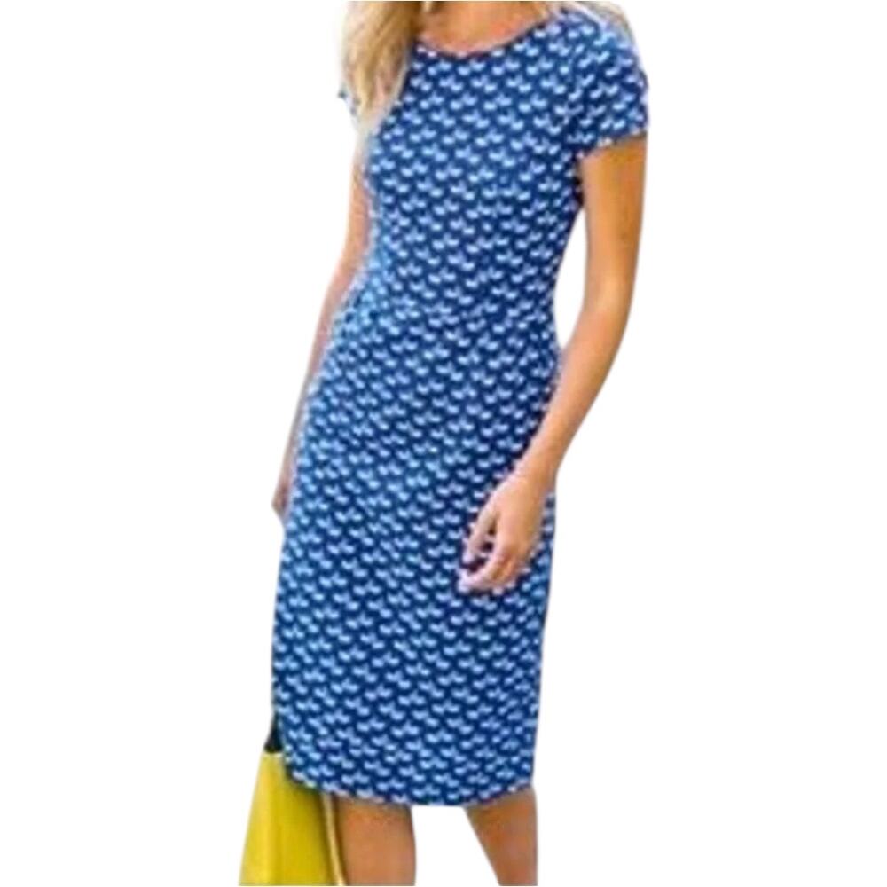 Boden Phoebe Dress Sheath Knee Length Cotton Jersey Pockets Swan Blue White 8R